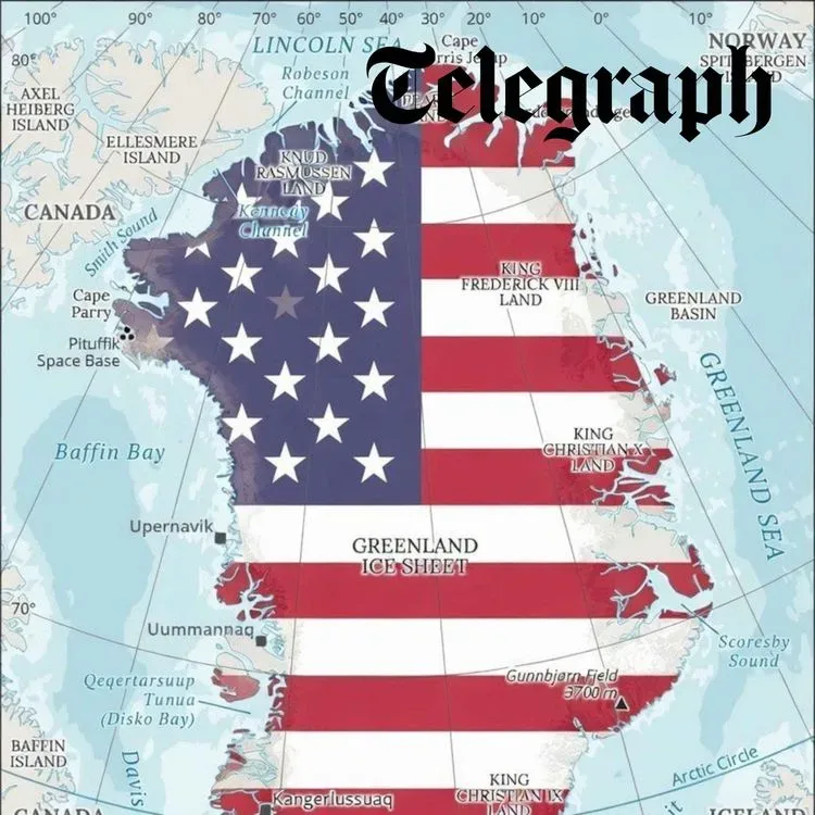 Hartă a Groenlandei cu steagul Statelor Unite suprapus