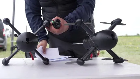 Un bărbat pregătește drone pentru utilizare pe un birou în aer liber.