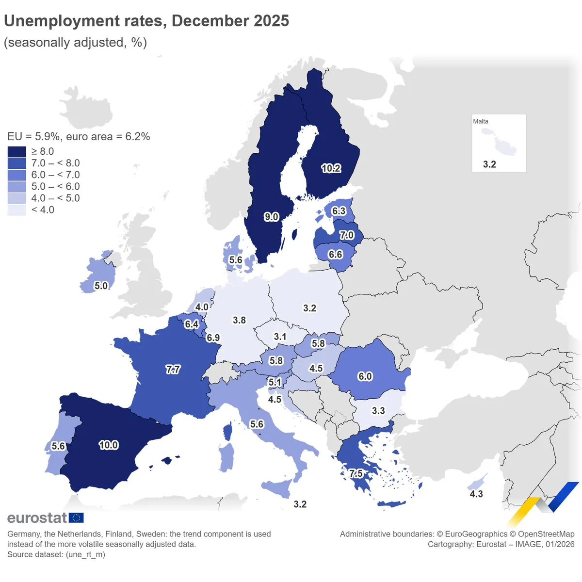 Harta ratei șomajului în zona euro pentru decembrie 2025.