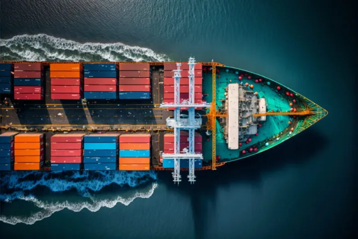 Vapor de marfă încărcat cu containere colorate pe apă.