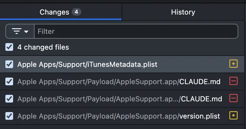 Captură de ecran a modificărilor dintr-un fișier de suport Apple.