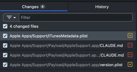 Captură de ecran a modificărilor dintr-un fișier de suport Apple.