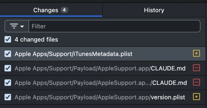 Captură de ecran a modificărilor dintr-un fișier de suport Apple.