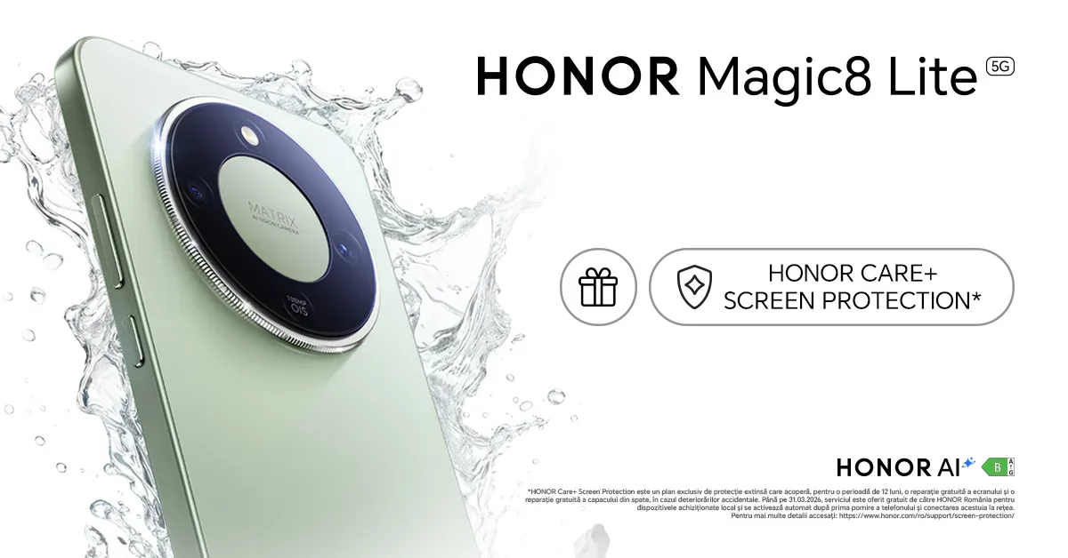 HONOR Magic8 Lite cu protecție împotriva apei și prafului.