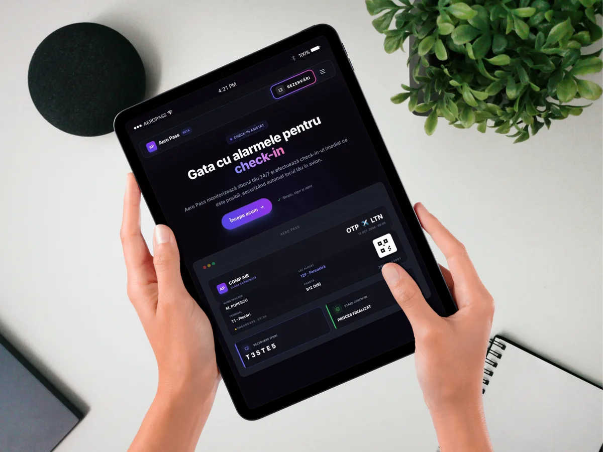 Interfața AeroPass pe tabletă pentru check-in online simplificat.