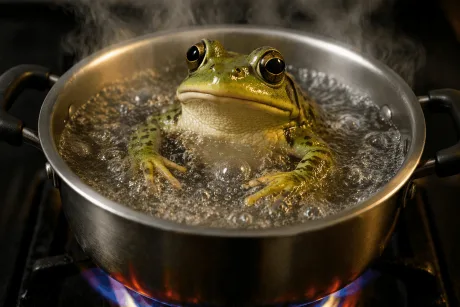O broască verde într-o oală cu apă clocotită pe aragaz.