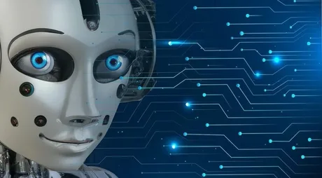 Robot cu ochi albaștri, simbolizând asistența AI pentru cetățeni.