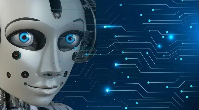 Robot cu ochi albaștri, simbolizând asistența AI pentru cetățeni.