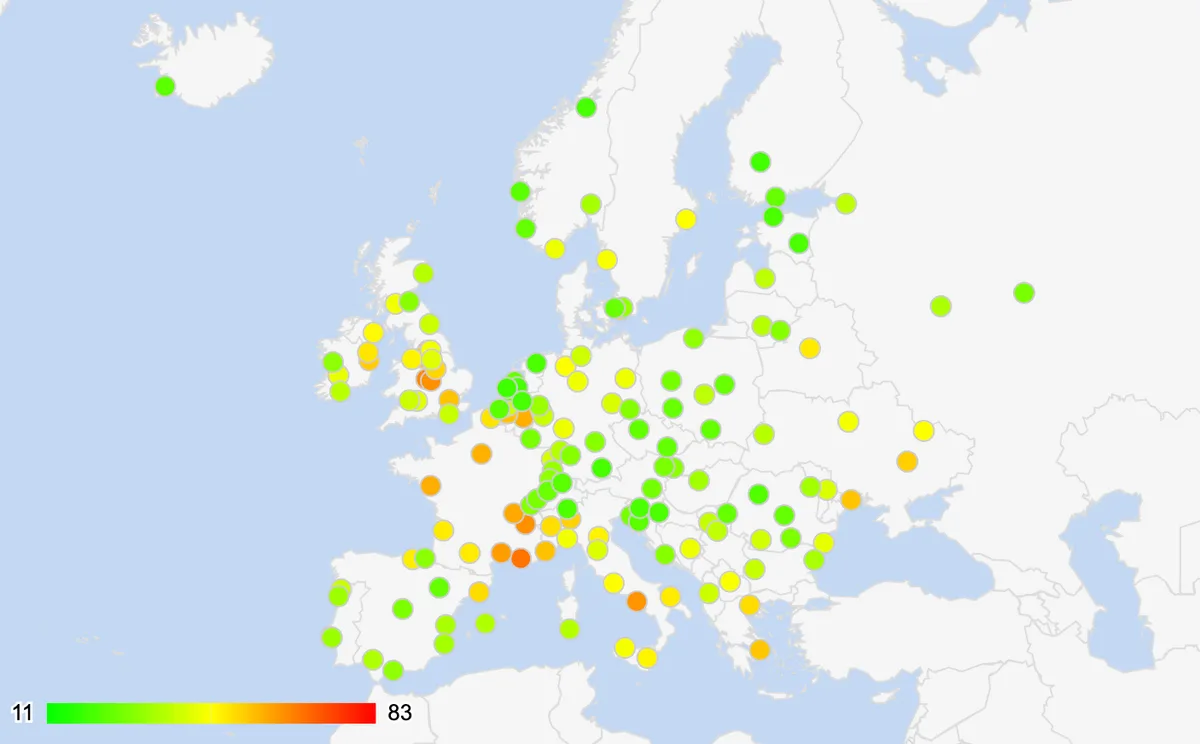 Harta infracționalității în Europa, evidențiind Bucureștiul.