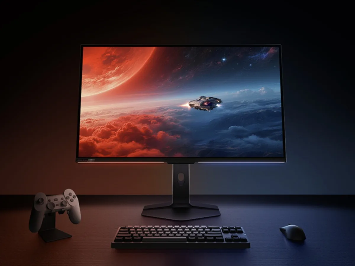 Monitorul de gaming cu rezoluție 4K și accesorii gaming pe birou.