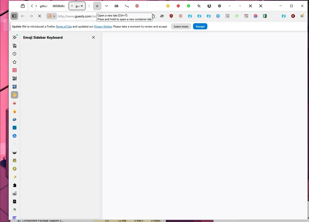 Interfața browserului Firefox cu extensii instalate.