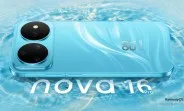 Huawei nova 16 în nuanțe de albastru, pe fundal cu apă.