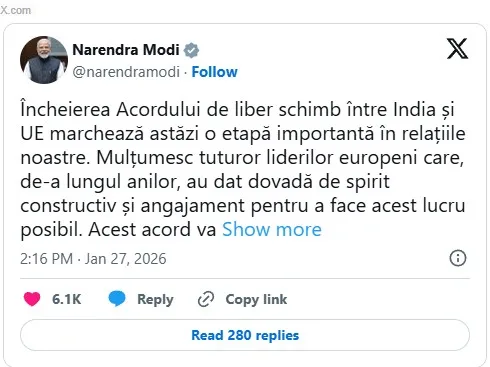Narendra Modi mulțumește liderilor europeni pentru colaborare.