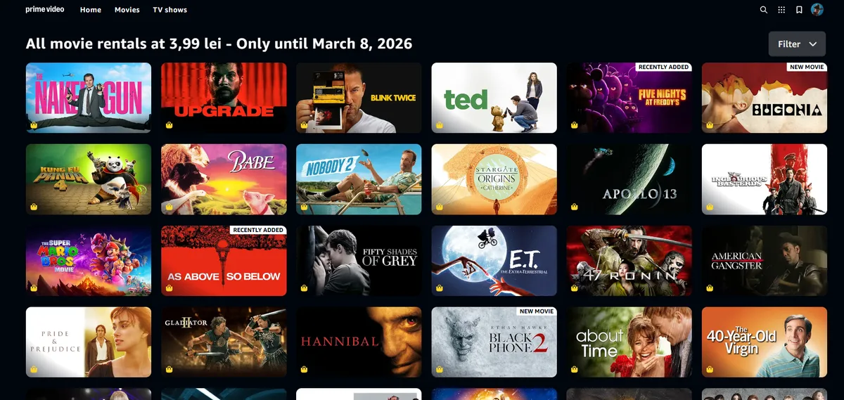 Interfața Prime Video Store cu filme disponibile pentru închiriere.