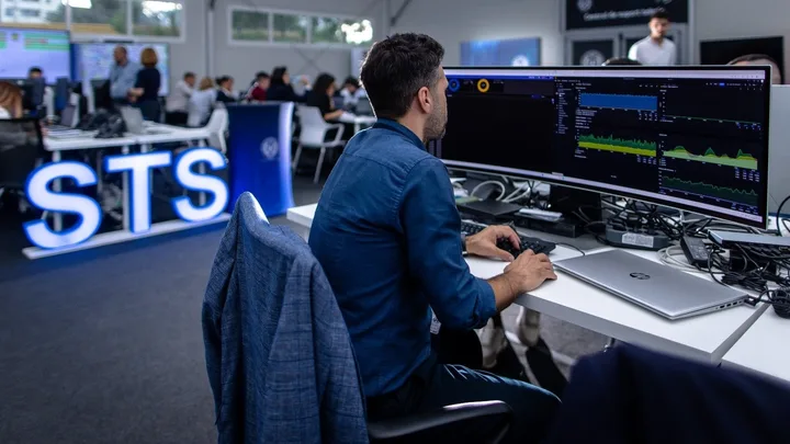 Un angajat STS lucrează la un sistem avansat de localizare a apelurilor de urgență.