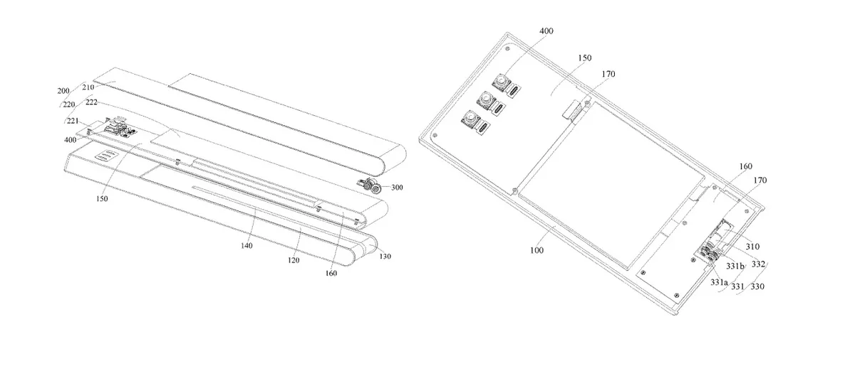 Desen tehnic al smartphone-ului rulabil Vivo cu ecran extensibil.