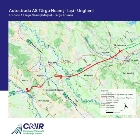 Harta tronsonului 1 al Autostrăzii A8 între Moțca și Târgu Frumos.
