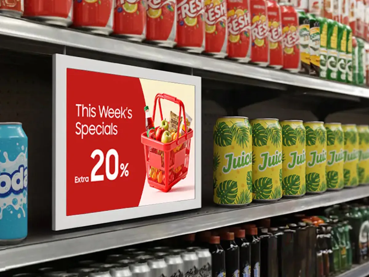 Ecran Color E-Paper expus pe un raft comercial cu produse diverse.