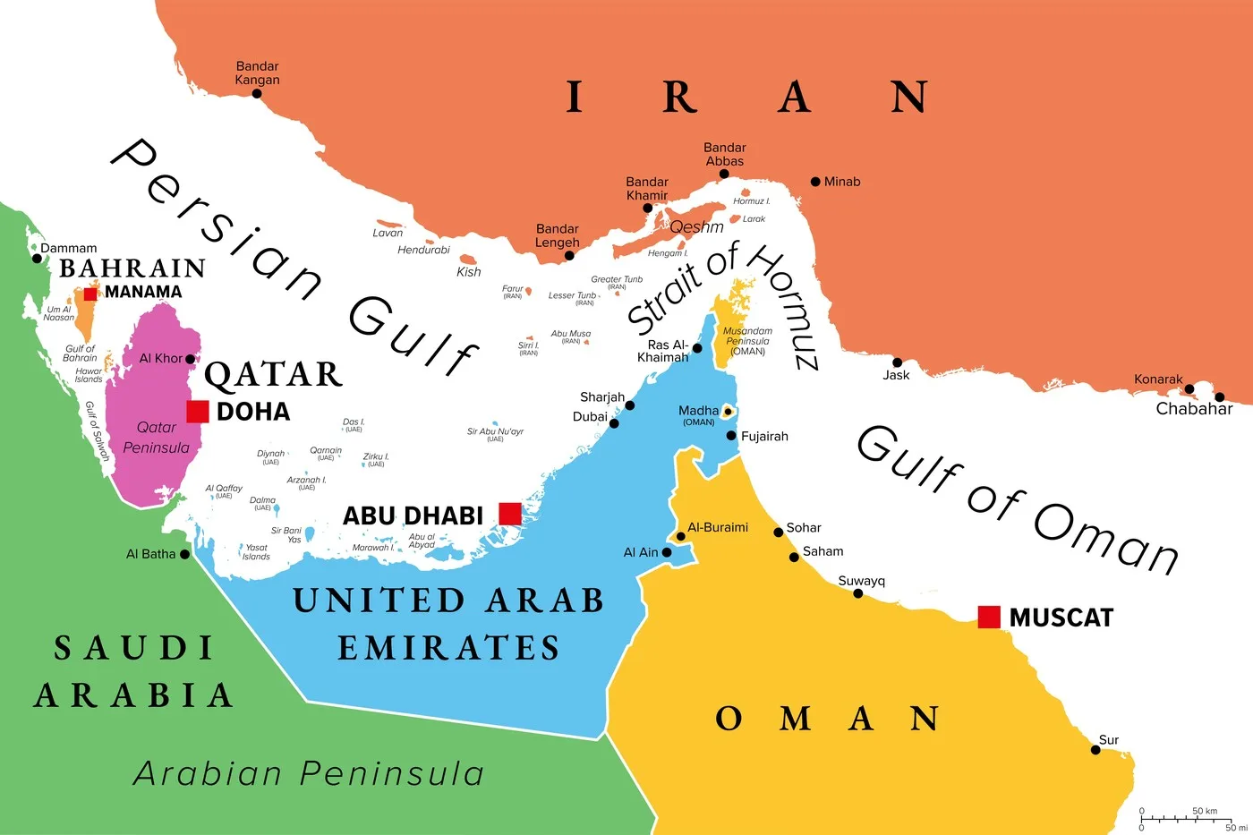 Harta Golfului Persic, evidențiind porturile și strâmtorile importante.
