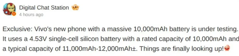 Vivo testează o baterie de 12.000 mAh pentru telefoane mobile.
