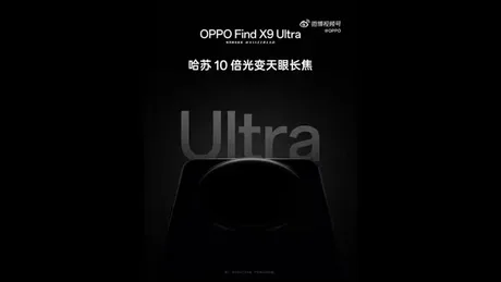Detaliu al camerei telefoto cu zoom optic 10x pentru OPPO Find X9 Ultra.
