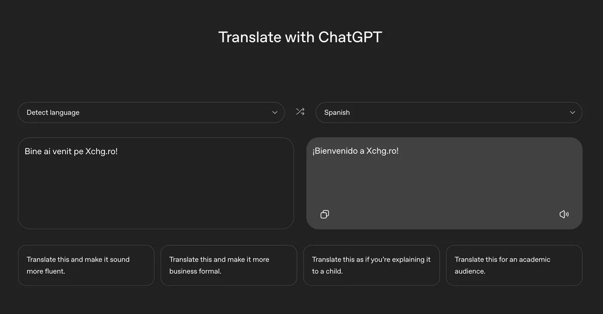 Interfața simplă a ChatGPT Translate în browser.