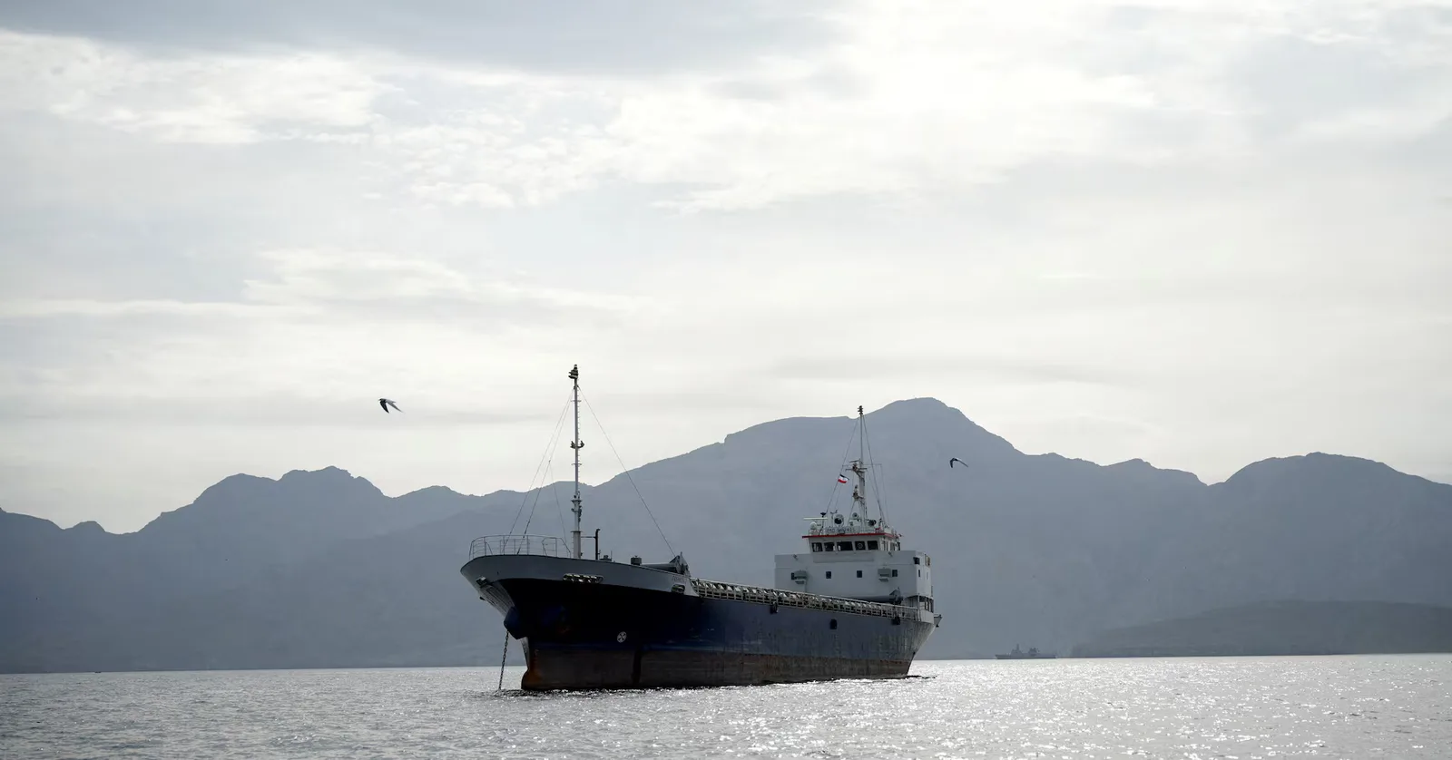 Vapor ancorat în largul unei coaste montane, cu cer noros.