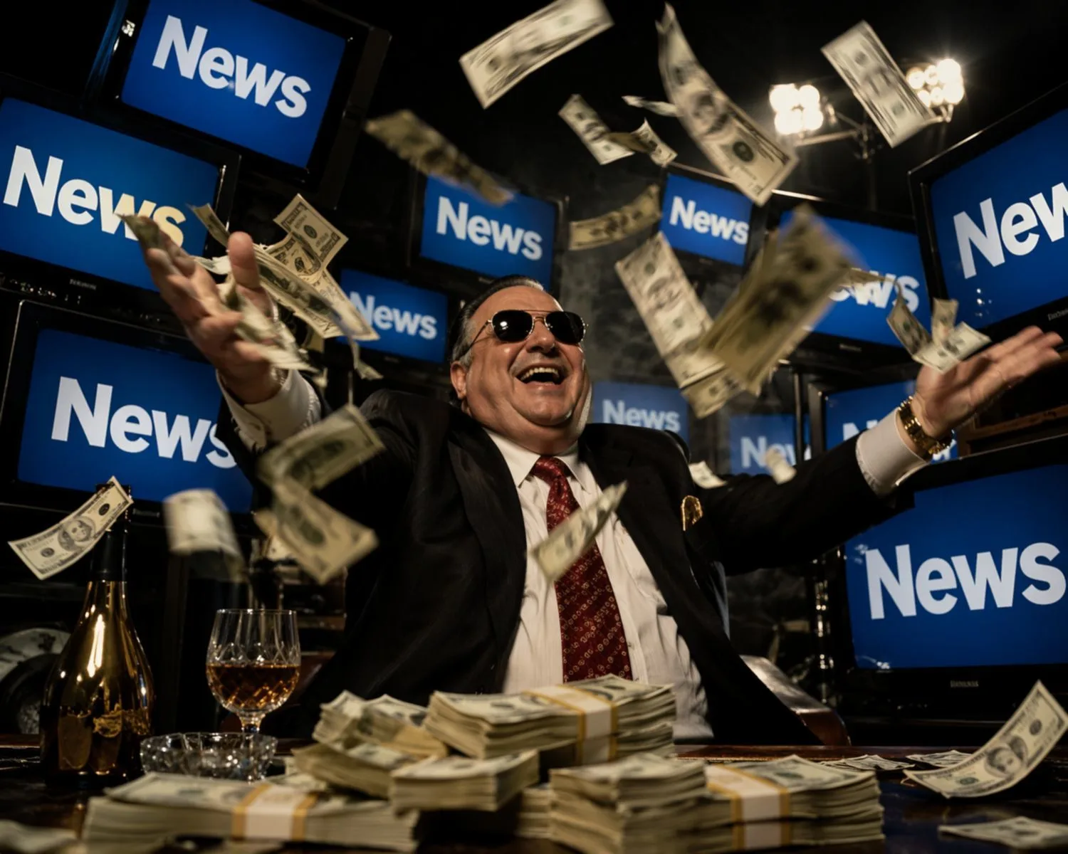 Un bărbat zâmbește înconjurat de bani și ecrane cu inscripția "News".