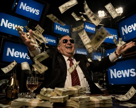 Un bărbat zâmbește înconjurat de bani și ecrane cu inscripția "News".