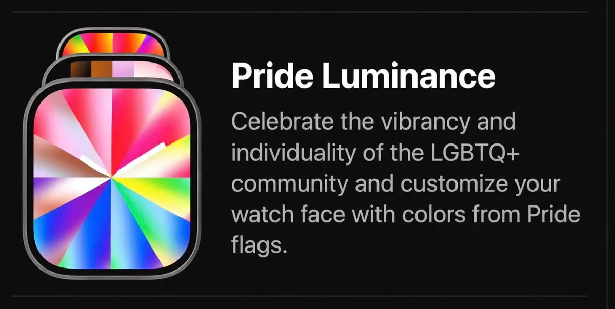 Noua față Pride Luminance pentru Apple Watch, plină de culori vibrante.