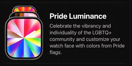 Noua față Pride Luminance pentru Apple Watch, plină de culori vibrante.