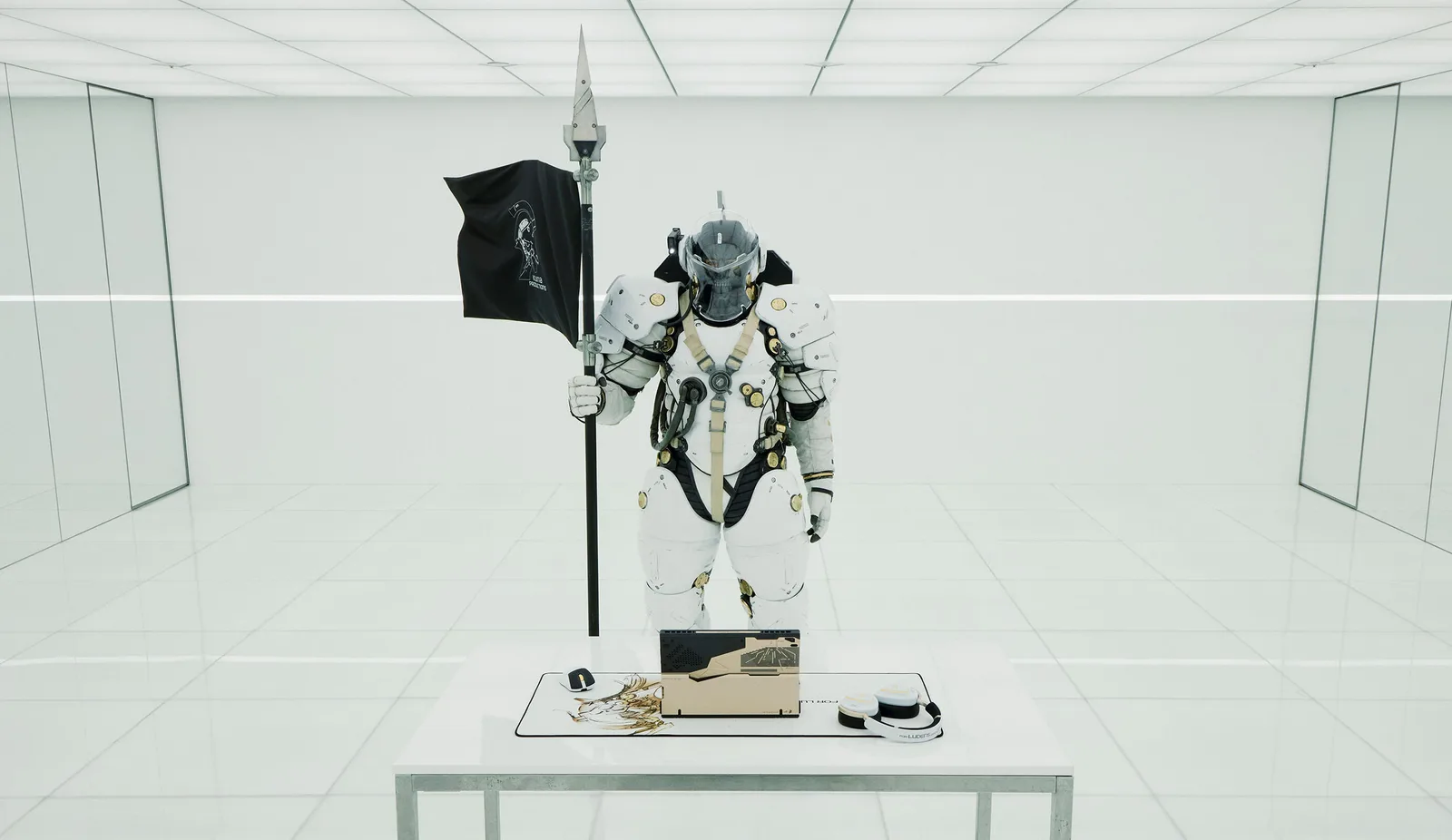 Un personaj futurist în armură albă, ținând o steag negru, lângă un birou minimalist.