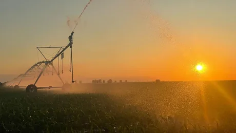 Irigarea culturilor agricole la apus, cu echipamente moderne.