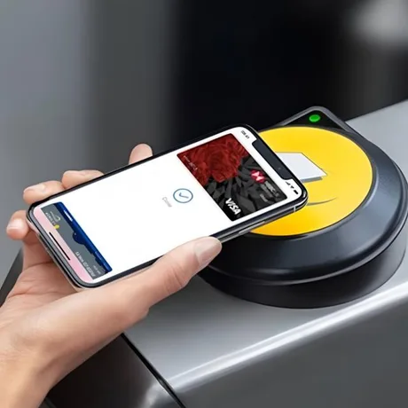 Plată contactless cu Apple Pay la un terminal de transport public.
