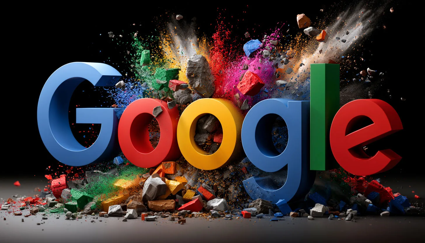 Logo-ul Google cu efecte vizuale colorate și explozive, simbolizând schimbări majore.