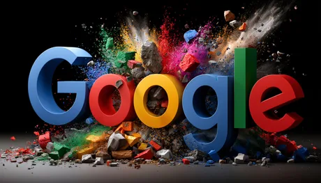 Logo-ul Google cu efecte vizuale colorate și explozive, simbolizând schimbări majore.