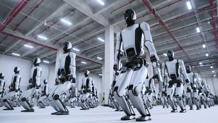 Roboți umanoizi Walker S2 pregătiți pentru utilizare în industrie.