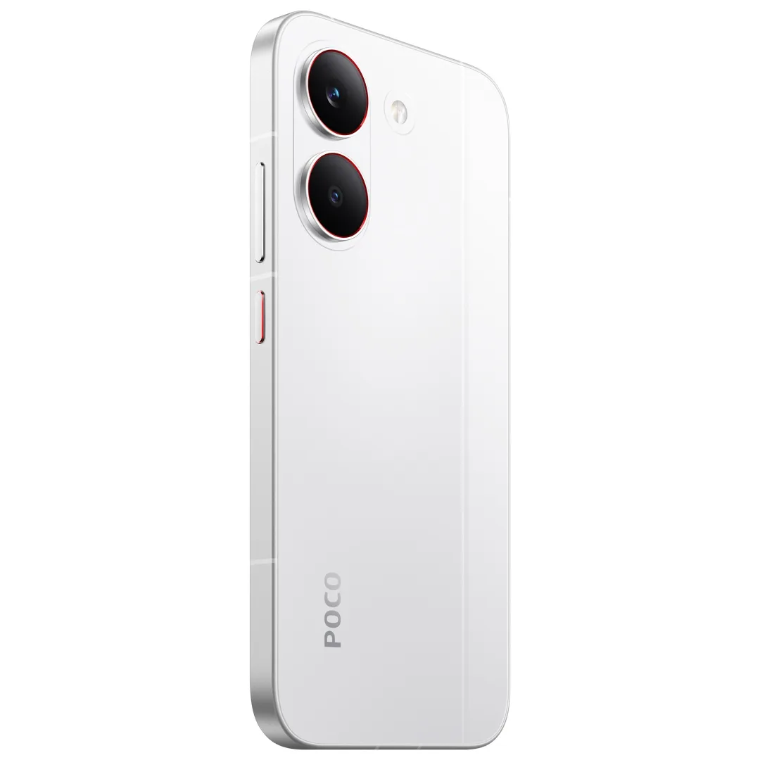 POCO X8 Pro în nuanță albă, evidențiind detalii premium.