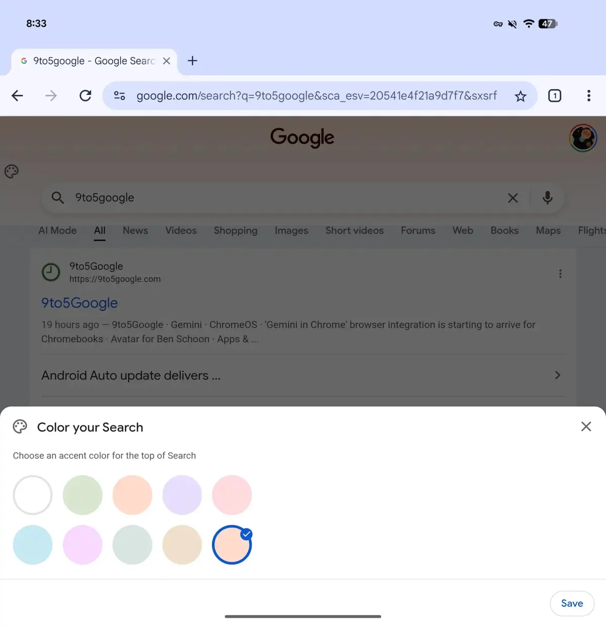 Panou cu opțiuni de culori pentru personalizarea căutării Google.
