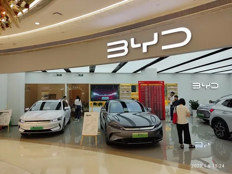 Showroom BYD cu vehicule electrice expuse pentru clienți.