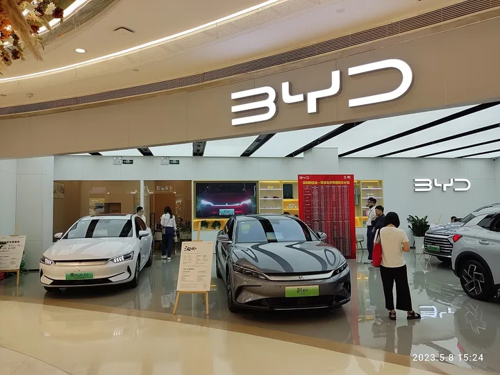 Showroom BYD cu vehicule electrice expuse pentru clienți.