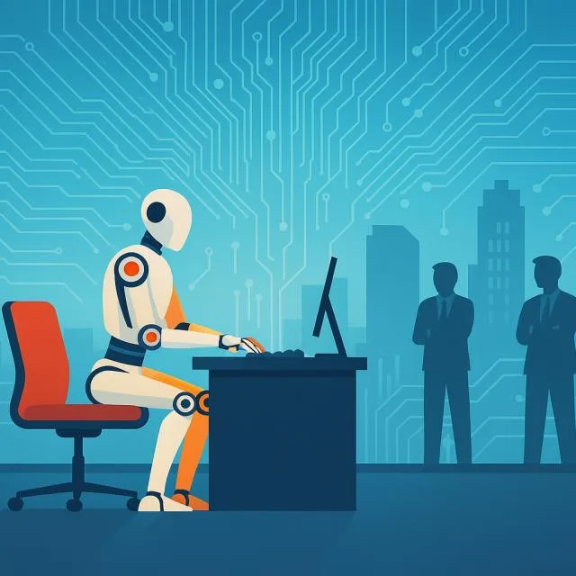 Un robot la birou, lucrând la un computer, înconjurat de clădiri și oameni.