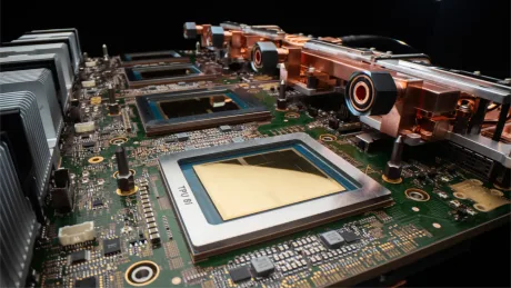 Detaliu al unui circuit integrat avansat pentru procesare AI.