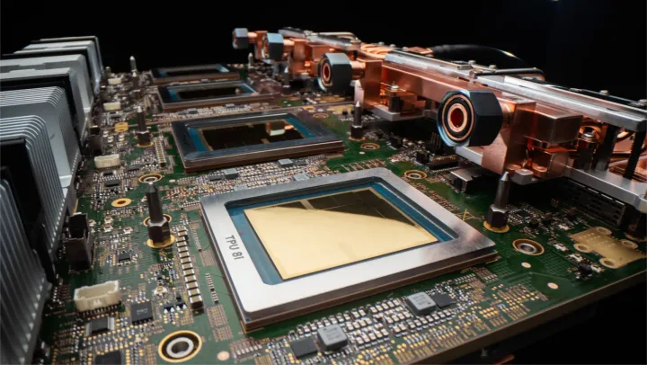 Detaliu al unui circuit integrat avansat pentru procesare AI.