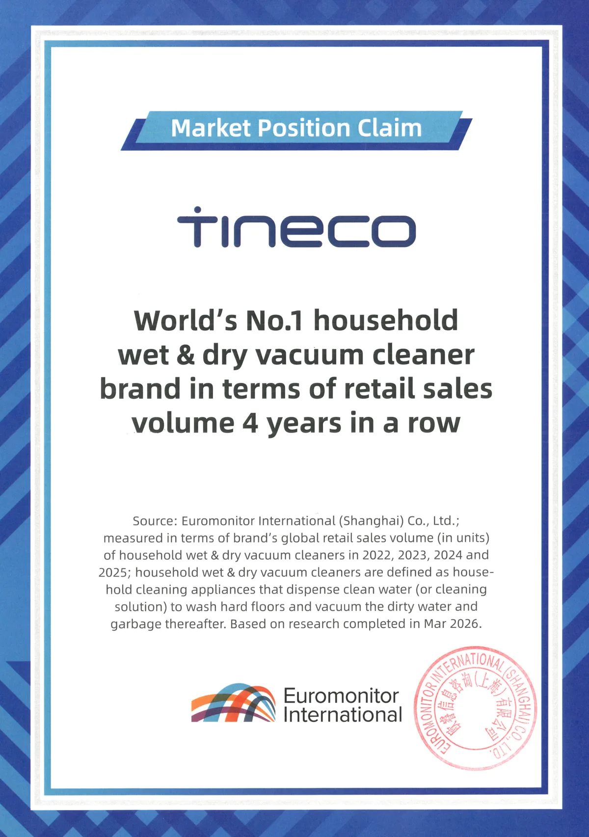Certificatul Euromonitor care atestă Tineco ca lider global la aspiratoare wet & dry.