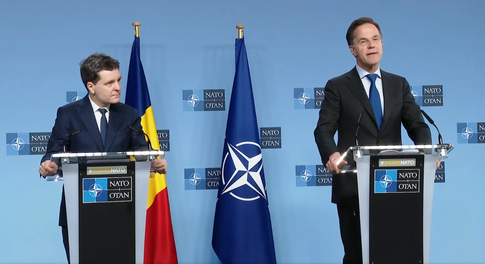 Nicușor Dan și Mark Rutte discutând despre securitatea României la Bruxelles.