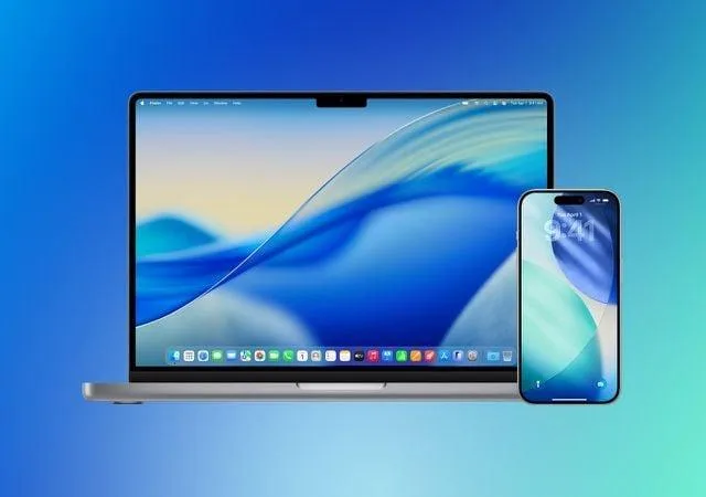 Laptop și telefon Apple pe un fundal albastru, simbolizând securitatea cibernetică.