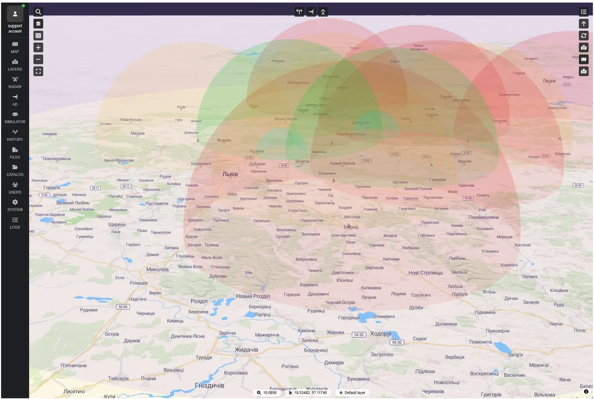 Harta arată zonele de acoperire pentru sistemul Drone Wall.