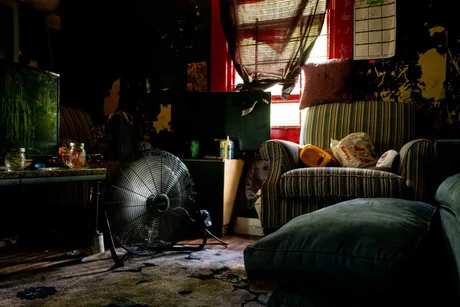 Un colț de cameră cu un ventilator și mobilier uzat, iluminat slab.