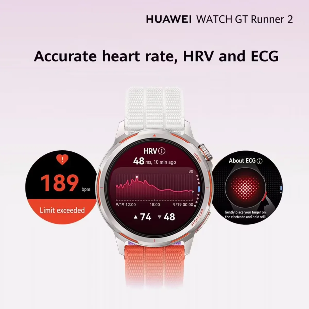 Ceasul Huawei Watch GT Runner 2 cu design modern și curea albă.